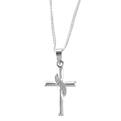 Necklace Silver Plated Cross /CZ Sash 18 Inch Chain Deluxe Gift Box - 603799222426 - 73-2324P