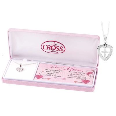 Necklace Silver Plated Dear Mom Heart With CZ Cross 18 Inch Chain - 603799088510 - 73-7601P