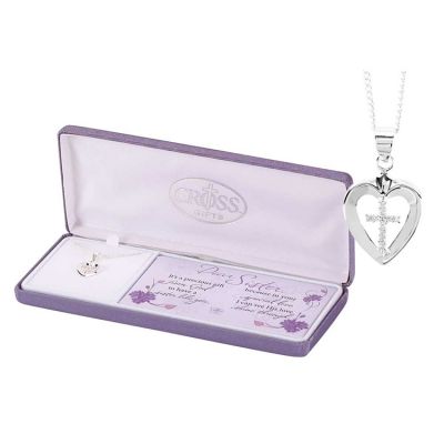 Necklace Silver Plated Dear Sister Heart w/CZ Cross 18 Inch Chain - 603799088527 - 73-7602P
