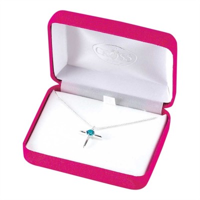 Necklace Silver Plated December Birthday Blue Topaz CZ Cross w/Chain - 603799208567 - 73-7637P