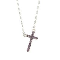 Necklace Silver Plated February Cubic Zirconia Cross 18 Inch +1 Inch