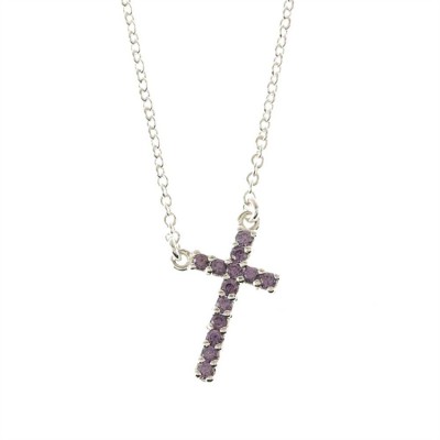 Necklace Silver Plated February Cubic Zirconia Cross 18 Inch +1 Inch - 714611176077 - 35-5862