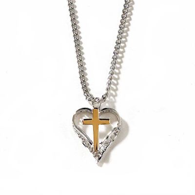 Necklace Silver Plated Filigree Heart w/Gold Cross, 18 Inch - 714611136309 - 36-1503P