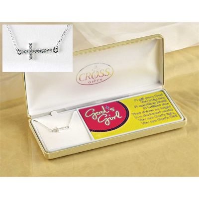 Necklace Silver Plated Gods Girl Cubic Zirconia Cross 16 Inch Chain - 714611171911 - 73-2816P
