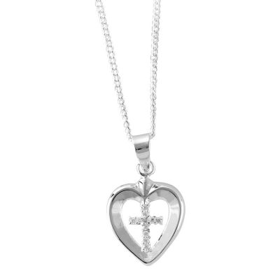 Necklace Silver Plated Heart/CZ Cross 18 Inch Chain - 603799222259 - 73-5803P