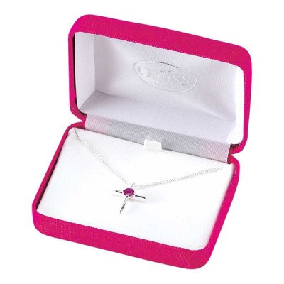 Necklace Silver Plated July Ruby CZ Birthday Cross 18 Inch Chain - 603799208512 - 73-7632P