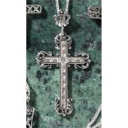 Necklace Silver Plated Large Fancy Budded Cross/Stones 18 Inch