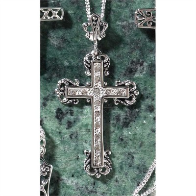 Necklace Silver Plated Large Fancy Budded Cross/Stones 18 Inch - 714611138419 - 73-2394P