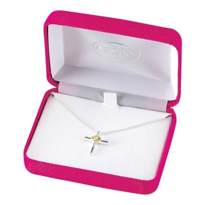 Necklace Silver Plated November Birthday Topaz CZ Cross 18 Inch Chain - 603799208550 - 73-7636P