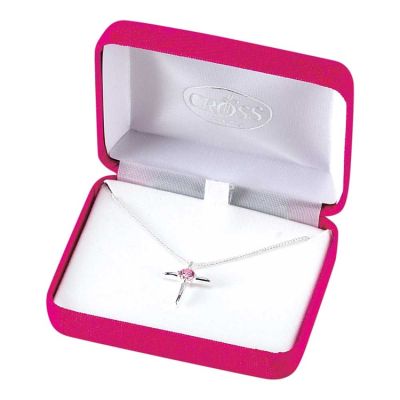 Necklace Silver Plated October Pink Tourmaline CZ Cross w/Chain - 603799208543 - 73-7635P