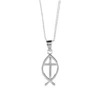 Necklace Silver Plated Open Fish/Cross 18" Chain Deluxe Gift Box