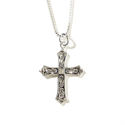 Necklace Silver Plated Open Scroll Bud Cross 18 Inch Chain - 714611137795 - 73-1579P