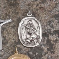 Necklace Silver Plated Oxide Oblong Saint Christopher 24 Inch Chain