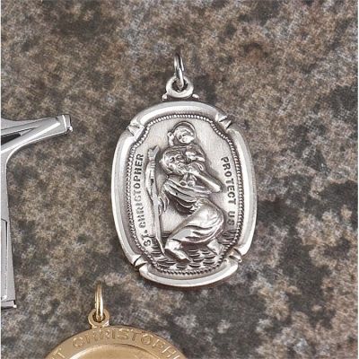 Necklace Silver Plated Oxide Oblong Saint Christopher 24 Inch Chain - 714611136927 - 36-8947P