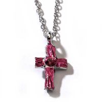 Necklace Silver Plated Pink Epoxy Cross /16in Chain (Pack of 2)