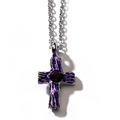 Necklace Silver Plated Purple Epoxy Cross/Stone w/Chain (Pack of 2) - 714611125709 - 30-8025