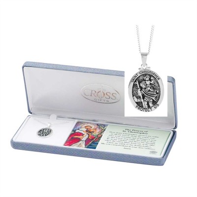 Necklace Silver Plated Saint Chris Oval Medal 18" Chain - 714611185130 - 73-4612P