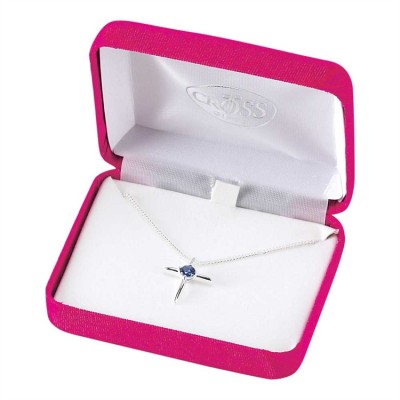 Necklace Silver Plated September Birthday Sapphire Cross CZ w/Chain - 603799208536 - 73-7634P