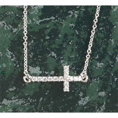 Necklace Silver Plated Sideways Cubic Zirconia Cross 18 In. Dbox - 714611164647 - 73-0120P