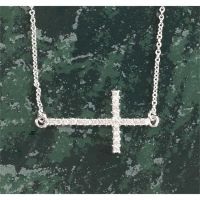 Necklace Silver Plated Sideways Cubic Zirconia Cross 18 Inch