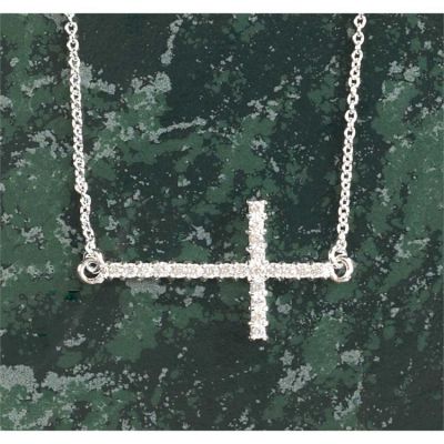 Necklace Silver Plated Sideways Cubic Zirconia Cross 18 Inch - 714611164265 - 73-0113P