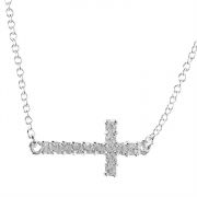 Necklace Silver Plated Sideways CZ Cross 16 Inch Chain (Pack of 2)