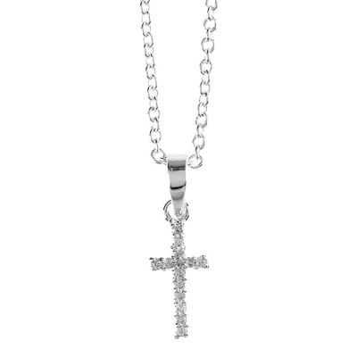 Necklace Silver Plated Sm CZ Cross 16 Inch Chain (Pack of 2) - 603799088626 - 35-6281