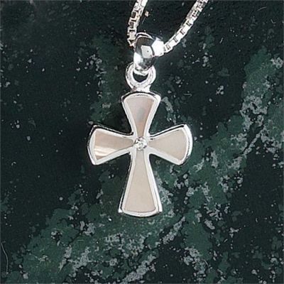 Necklace Silver Plated Small Mop Flare Cross Vbale, 18 Inch Chain - 714611137955 - 73-1692P