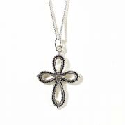 Necklace Silver Plated Small Open Petal Cross/Cubic Zirconia 18 Inch