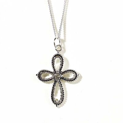 Necklace Silver Plated Small Open Petal Cross/Cubic Zirconia 18 Inch - 714611137818 - 73-1591P