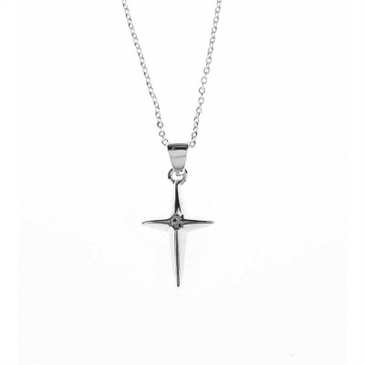 Necklace Silver Plated Star Cubic Zirconia Cross 18 Inch Chain - 714611177739 - 73-3030P