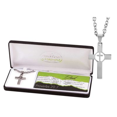 Necklace Stainless Steel Cross/Cutout Circle Cross 24 Inch Chain - 603799093958 - 32-1218