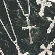 Necklace Sterling Silver Flare Cross/Heart CZ 18 Inch, Deluxe Gift Box