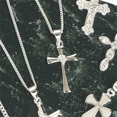 Necklace Sterling Silver Flare Cross/Heart CZ 18 Inch, Deluxe Gift Box - 714611154662 - 73-7535
