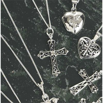 Necklace Sterling Silver Open Scroll Budded Cross Cubic Zirconia - 714611154426 - 73-7511