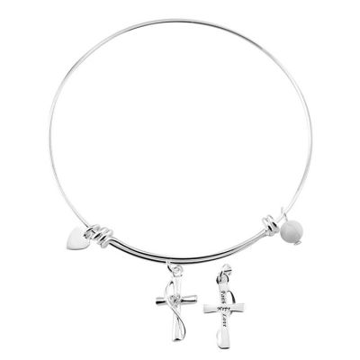 Silver Plated Bangle Bracelet Cross/CZ Heart,White Bead - 603799073547 - 35-4804