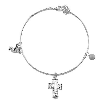 Silver Plated Bangle Bracelet Cross, Dove, White Bead - 603799073707 - 35-4820