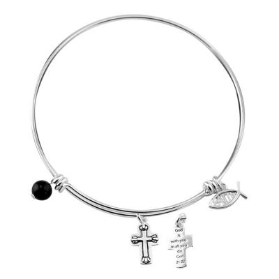 Silver Plated Bangle Bracelet Cross,Faith Fish,Blue Bead - 603799073554 - 35-4805