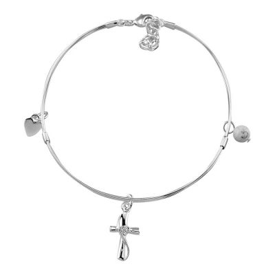 Silver Plated Bangle Bracelet Cross,Heart,White Bead - 603799073622 - 35-4812