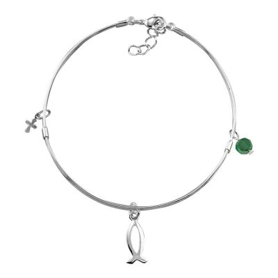 Silver Plated Bangle Bracelet Fish,Cross,Emerald Bead - 603799073660 - 35-4816