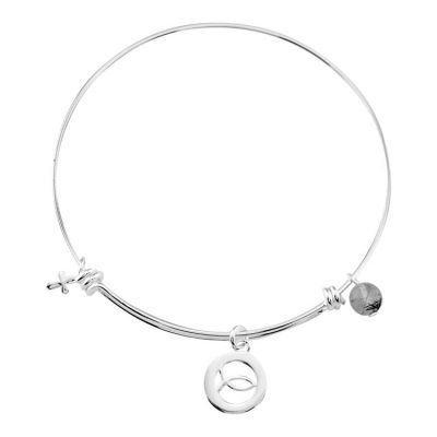 Silver Plated Bangle Bracelet oval/Fish Cross,Black Bead - 603799073516 - 35-4802