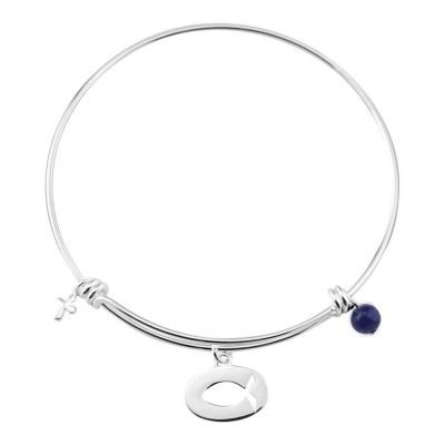 Silver Plated Bangle Bracelet Oval/Fish Cross,Navy Blue - 603799073523 - 35-4803