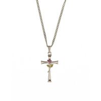 Silver Plated Cross with Rose on 18 inch Rhodium Plated Chain