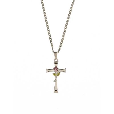 Silver Plated Cross with Rose on 18 inch Rhodium Plated Chain - 714611177944 - 36-8533P