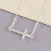 Silver Plated Sideways Cubic Zirconia Cross 16 Inch Chain Pack of 2