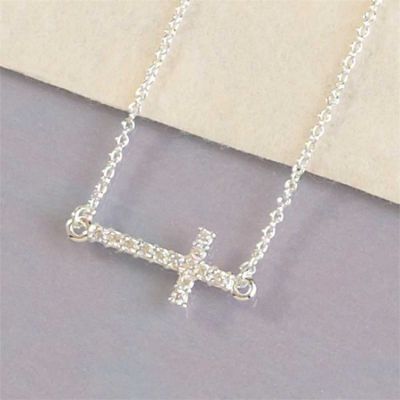 Silver Plated Sideways Cubic Zirconia Cross 16 Inch Chain Pack of 2 - 714611173908 - 35-5844