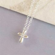 Silver Plated Small Petal Cubic Zirconia Cross 16 Inch Chain Pack of 2