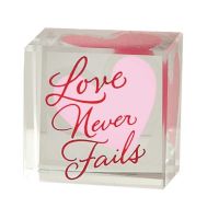 Tabletop Glass Plaque 1x1 Inch Love Never Fails Pack of 3