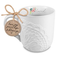 2pk -Mug Lace Textured Loved White 16 oz - (Pack of 2)