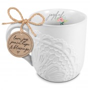 2pk -Mug Lace Textured Joyful White 16 oz - (Pack of 2)